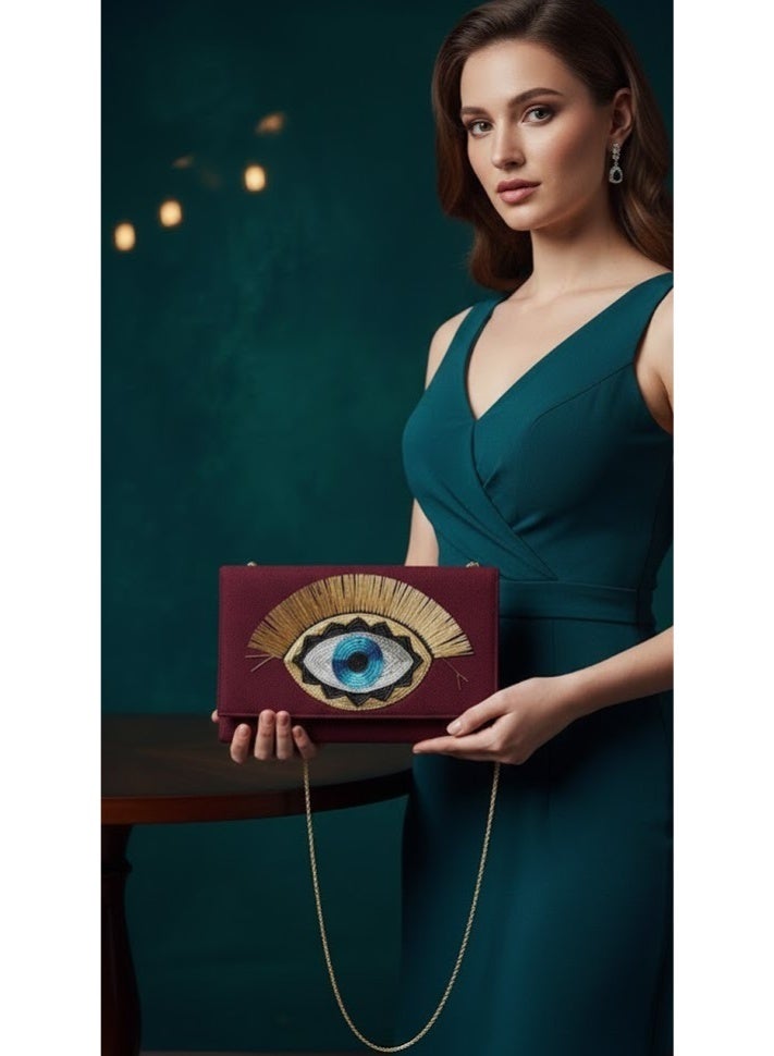 zoba Elegant women's wallet bag with a gold chain - can be worn crossbody or clutch - distinctive and luxurious eye design for outings and occasions (burgundy) - Image 2